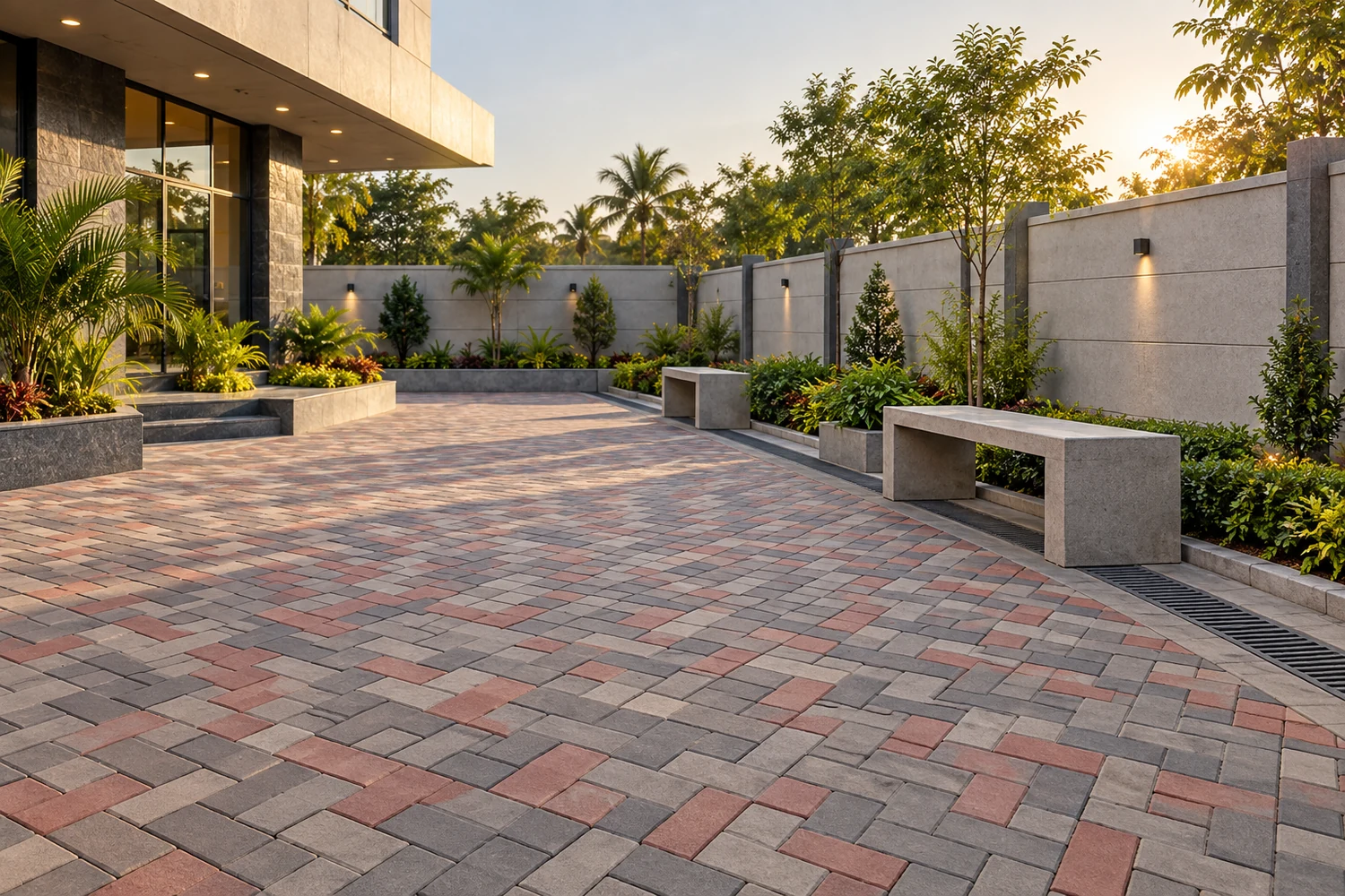 Modern landscaped courtyard with concrete paving and precast elements
